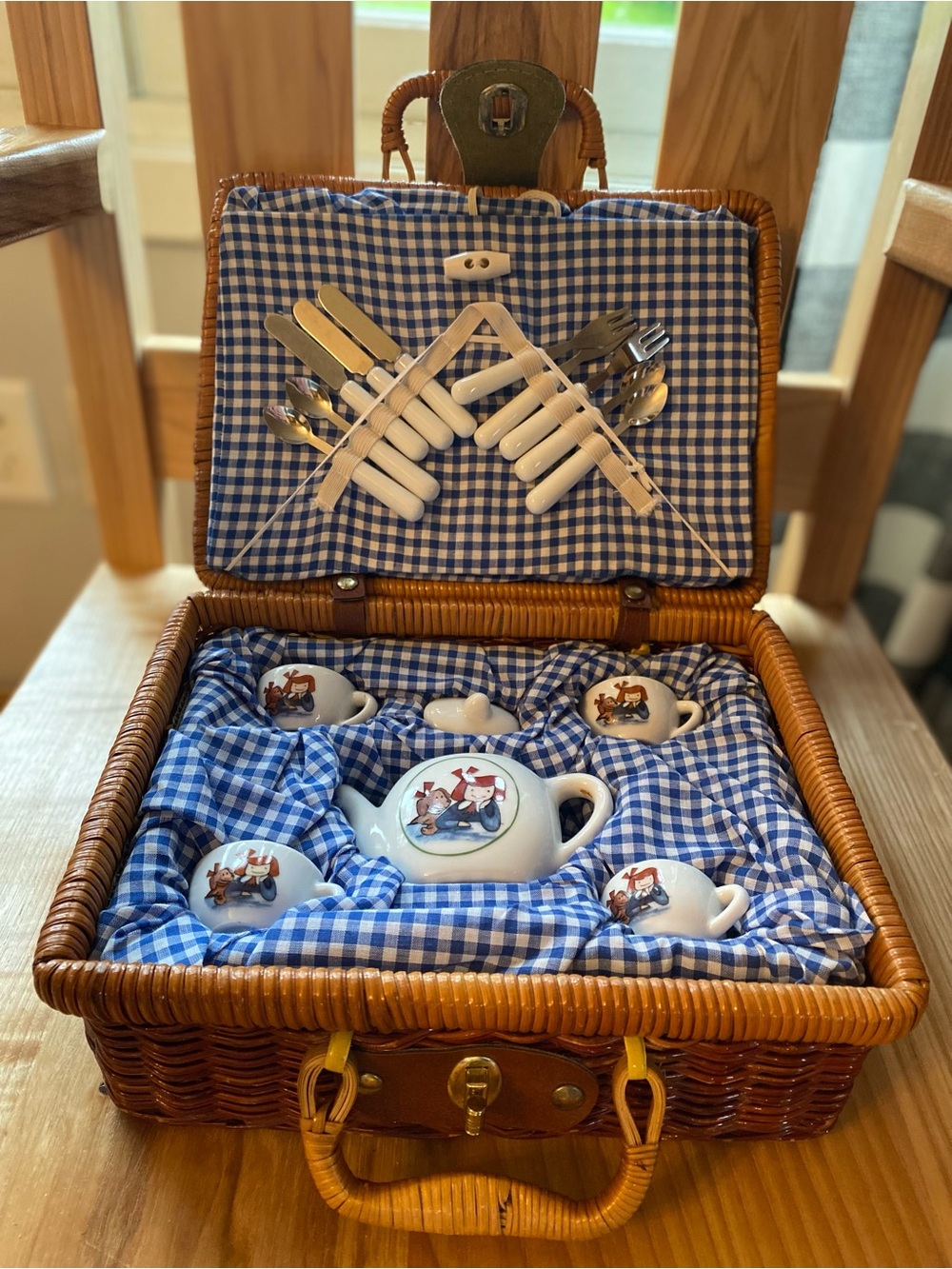 Schylling  Madeline Blue Gingham Picnic Basket Set for Kids
